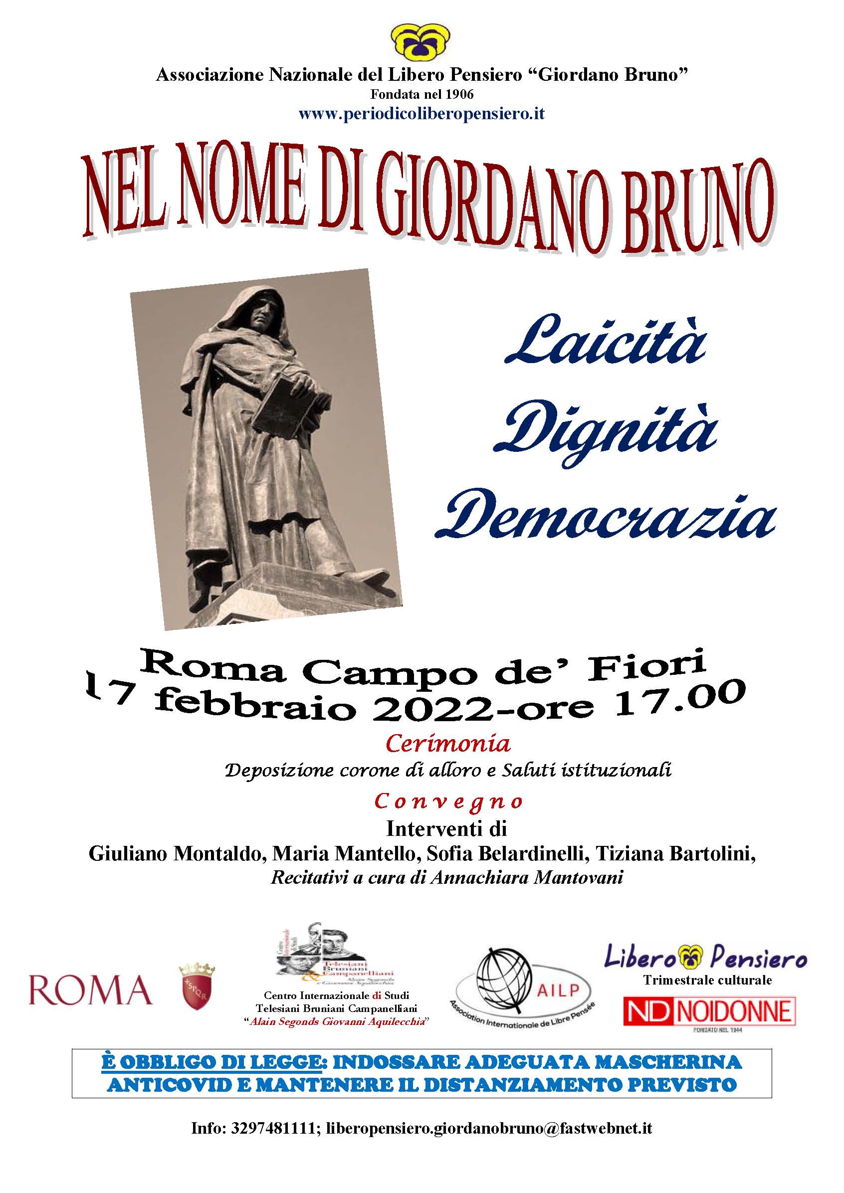 A Roma nel ricordo di Giordano Bruno: Laicità Dignità Democrazia Noi Donne